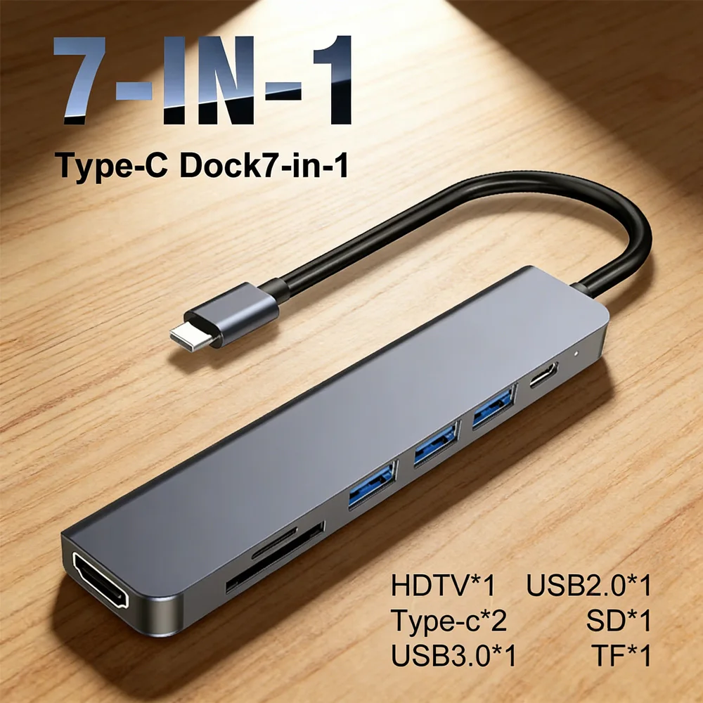 7-in-1 Dockingstation (USB-C): 4K HDMI, USB 3.0, 87W PD-Ladefunktion, SD/TF-Kartenleser – Kompatibel mit Laptop, Tablet, Smartphone Image
