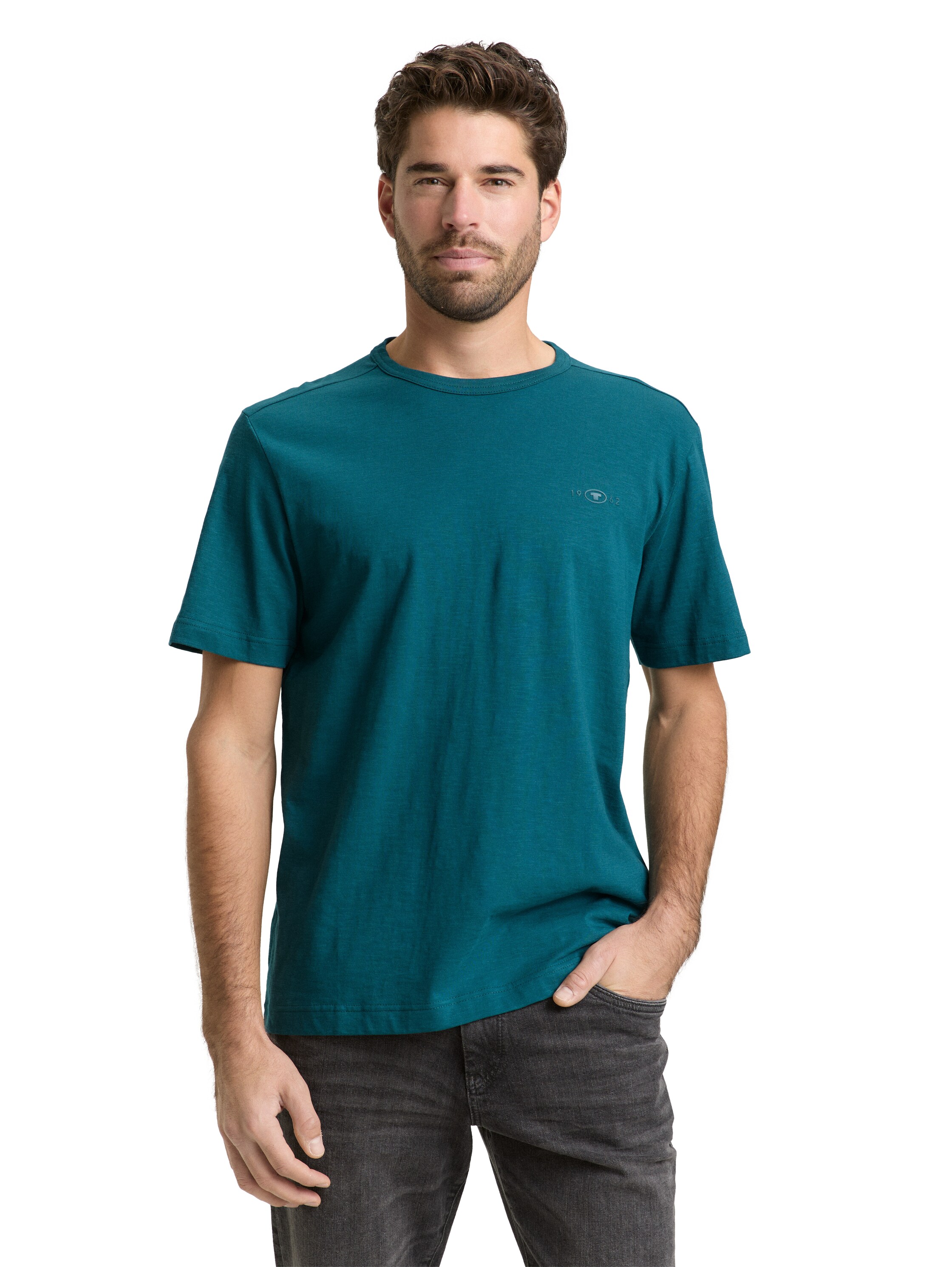 T-Shirt TOM TAILOR, Herren, Gr. S, deep meadow grün, Single Jersey, Obermaterial: 100% Baumwolle, regular fit taillenbedeckt, Rundhals, gerader Abschluss, Shirts T-Shirt, mit Logo Stickerei