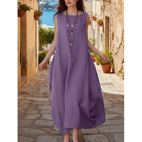 Damen Maxikleid Boho-Kleid 100% Baumwolle Shiftkleid Sommerkleid Mode Klassisch Modern Outdoor Urlaub Ausgehen Normale Passform Einfach Ärmellos Rundhalsausschnitt Purpur Braun Dunkelblau Sommer Image