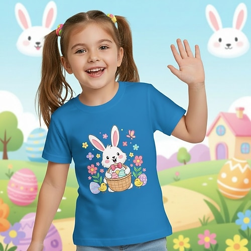 100% Baumwolle Ostern Kinder Mädchen Blau Schwarz Weiß Grafik Kaninchen T-Shirt Rundhalsausschnitt Kurzarm Täglich Outdoor Streetwear Urlaub Sport Mode Drucken Sommer Frühling Image