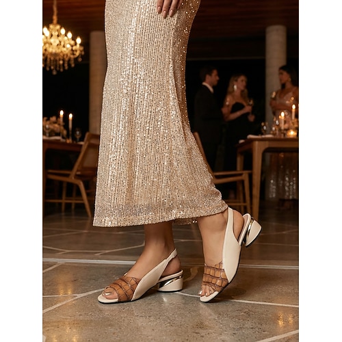 Slingback-Sandalen für Damen mit offenem Zehenbereich, Obermaterial aus Kunstkrokodilleder und Glattleder, eleganter Metallic-Absatz, perfekt für Urlaubsreisen und Abendveranstaltungen Image