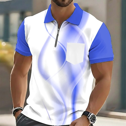 Herren Geometrisch Poloshirts Kurzarm Polo-Shirts Hemden mit Kragen Business-Casual Outdoor Athleisure Ferien Tasche 3D-Druck Viertelreißverschluss-Poloshirt Frühling Sommer Blau Meerblau Image