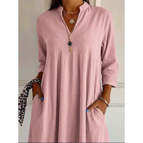 Damen Midikleid Kunstbaumwollleinen Hemdblusenkleid Freizeitkleid Elegant Vintage Mode Täglich Urlaub Ausgehen Lässiger Schnitt Einfach Langarm V Ausschnitt Blau Weiß Rosa Grün Frühling Herbst Image