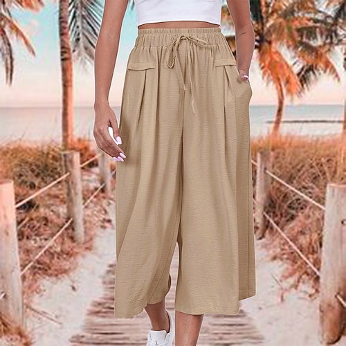 Damen Hose Sommerhose Strandhose Urlaub Mode Alltagstauglich Wadenlang Hohe Taille Einfarbig Einfach Kordelzug Tasche Weites Bein Komfort Schnelltrocknend Weich Unelastisch Streetwear Strand Ferien Image