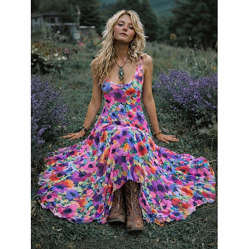 Damen Midikleid Boho-Kleid Freizeitkleid Schwingkleid Sommerkleid Vintage Strand Normale Passform Blumen Grafik Ärmellos Rundhalsausschnitt Schwarz Weiß Rosa Sommer Frühling Image