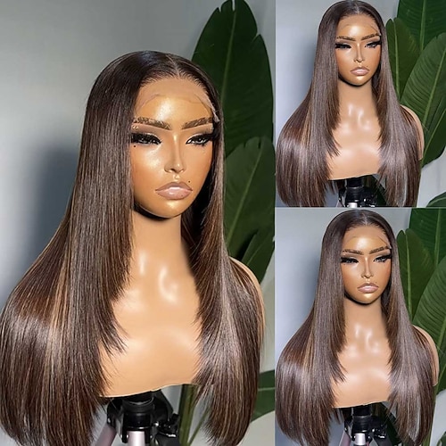 Echthaar 5x5 Verschluss 13x4 Spitzenfront Perücke Freier Scheitel Stufenschnitt Brasilianisches Haar Glatt Braun Perücke 150% 180% Haardichte Ombre-Haar Natürlicher Haaransatz 100% Unbehandelt Image