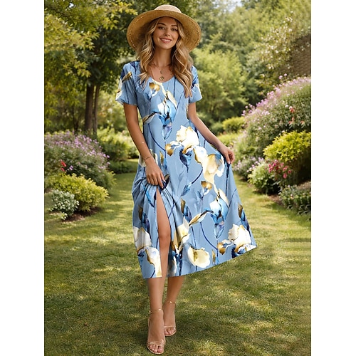 Damen Midikleid T-Shirt-Kleid A Linie Kleid Sommerkleid Urlaub Lässig Strand Normale Passform Blumen Grafik Kurzarm Rundhalsausschnitt Blau Rosa Grün Grau Sommer Frühling Image