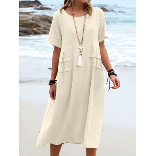 Damen Midikleid Baumwoll Mischung Shiftkleid Baumwoll-Leinen-Kleider Freizeitkleid Klassisch Modern Täglich Wochenende Normale Passform Einfach Kurzarm Rundhalsausschnitt Blau Schwarz Gelb Rosa Sommer Image