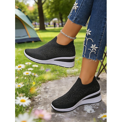 Glitzernde pinkfarbene Flyknit-Plateau-Sneaker für Damen – stylische, leichte Strickschuhe zum Spazierengehen, Shoppen, Reisen und für den Alltag Image