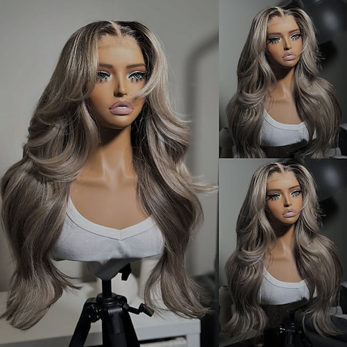 Brasilianische Echthaarperücken mit 5x5 Lace-Closure und 13x4 Lace-Front, aschblond mit Highlights, kleberfrei, vorgezupft, für Damen Image