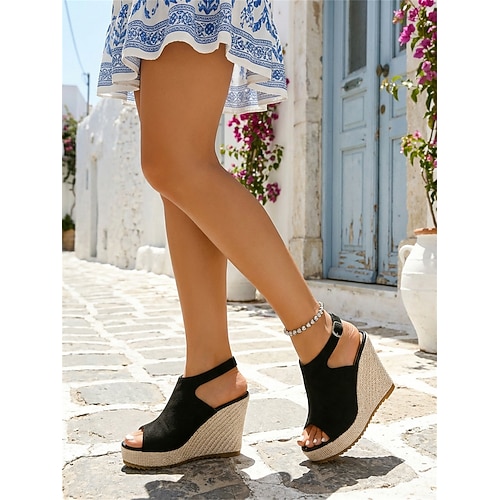 Keilsandalen mit Blumenmuster für Damen – stylische, offene Plateau-Schuhe mit Schnalle und Espadrille-Sohle aus Jute, bequeme Sommerschuhe für Pool, Urlaub und Outdoor-Veranstaltungen Image