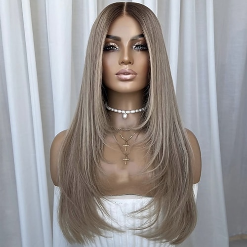 Brasilianische Echthaarperücke (100 % unbehandeltes Echthaar), 13x4 Lace-Front, glatt, aschblond mit Highlights, 5x5 Closure, kleberlos, vorgezupft Image