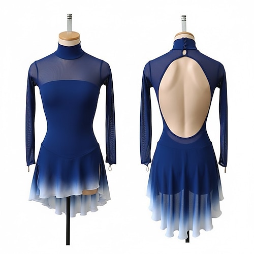Eiskunstlaufkleid Damen Eislaufen Kleid Marineblau Patchwork Offener Rücken Dehnbar Training Wettbewerb Eiskunstlaufkleidung Klassisch Kristall / Strass Langarm Eislaufen Eiskundstlauf Image