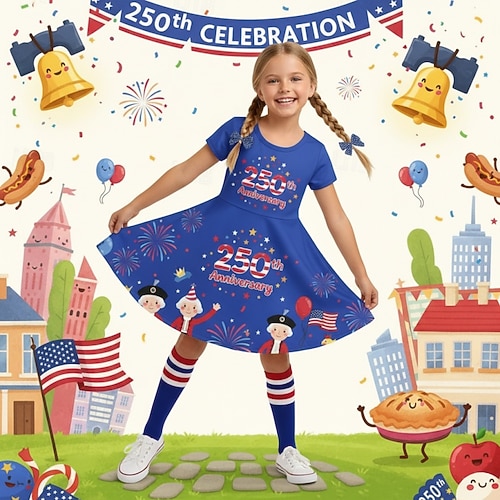 Mädchen' 3D Grafik Flagge Kleid Kurzarm 3D-Druck Sommer Frühling Täglich Urlaub Party Niedlich Basic Lässig Kinder 4-12 Jahre Freizeitkleid A Linie Kleid Knielang Normale Passform Image