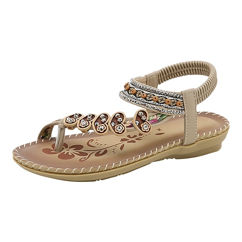 Damensandalen im Bohemian-Stil mit Perlenbesatz – handgefertigte flache Sandalen mit Blumenverzierung für den Sommerstrand und die Freizeit Image