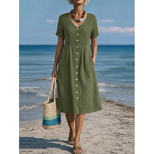 Damen Midikleid Kleider in Leinenoptik A Linie Kleid Lässig Täglich Normale Passform Einfach Kurzarm V Ausschnitt Blau Schwarz Weiß Wein Sommer Frühling Image