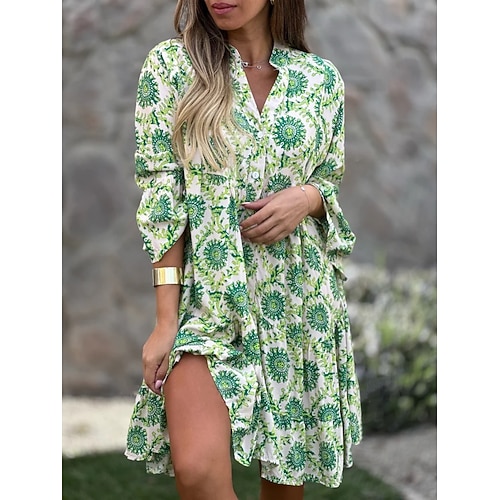 Damen Knielanges Kleid Freizeitkleid Blumenkleid Boho-Kleid Elegant Mode Modern Outdoor Urlaub Ausgehen Lässiger Schnitt Grafik Kurzarm V Ausschnitt Blau Rote Grün Sommer Frühling Image