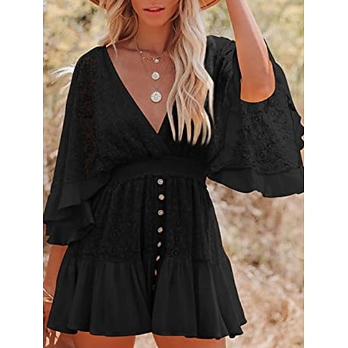 Damen Minikleid Weißes Kleid Spitzenkleid Freizeitkleid Mode Modern Outdoor Urlaub Ausgehen Normale Passform Einfach Dreiviertelarm V Ausschnitt Blau Hellrosa Schwarz Weiß Sommer Frühling Image