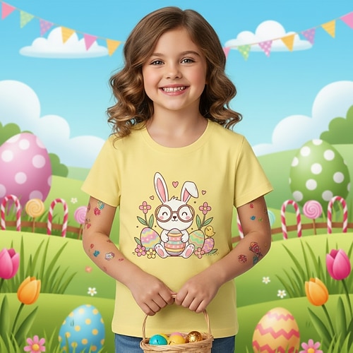 Ostern Mädchen 3D Grafik Kaninchen T-Shirt Kurzarm 3D-Druck Sommer Frühling Sport Mode Streetwear Kinder 4-12 Jahre Rundhalsausschnitt Lässig Täglich Outdoor Normale Passform Image
