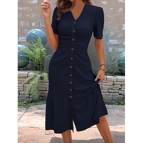 Damen Midikleid A Linie Kleid Urlaub Lässig Outdoor Ausgehen Normale Passform Einfarbig Kurzarm V Ausschnitt Hellgrün Marineblau Himmelblau Grün Sommer Frühling Image