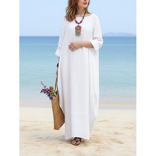 Damen Maxikleid Kunstbaumwollleinen Shiftkleid Kaftan Kleid Weißes Kleid Elegant Mode Modern Outdoor Strand Urlaub Lässiger Schnitt Einfach Langarm Rundhalsausschnitt Blau Schwarz Weiß Rote Sommer