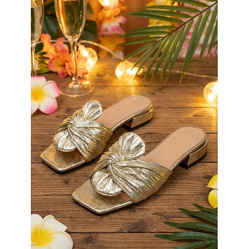 Metallic-Knoten-Sandalen für Damen – schicke goldene flache Strandschuhe für Sommerurlaub und Resort-Outfits ungezwungene Veranstaltungen am Meer Image