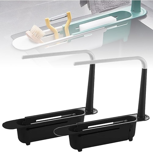 Teleskop-Spülbeckenablage, verstellbare Küchenspülen-Organizer-Ablage, ausziehbarer 2-in-1-Teleskop-Spülbeckenabtropfer, Schwamm-Seifenhalter für Küchenutensilien Image