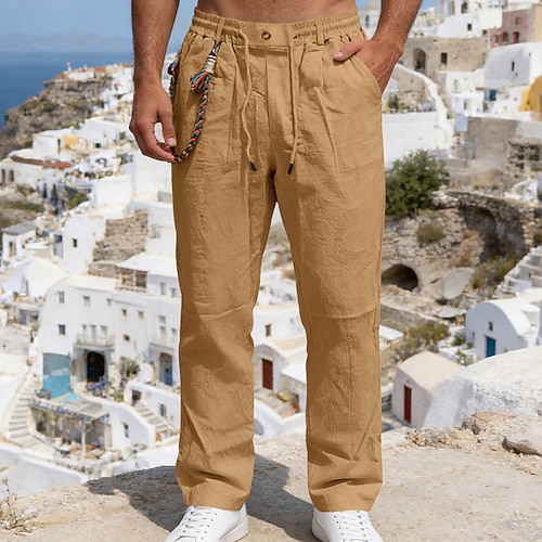Herren Leinenhosen Hose Sommerhose Strandhose Kordelzug Elastischer Bund Gerader Schnitt Einfach Leicht Atmungsaktiv Volle Länge Lässig Täglich Ferien Urlaub Mode Cachi scuro Schwarz Unelastisch Image