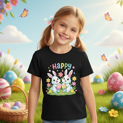 Oster-T-Shirt für Mädchen aus 100 % Baumwolle, blau, schwarz, weiß, mit Hasenmotiv, Rundhalsausschnitt, Kurzarm, für Alltag, Outdoor, Streetwear, Sport, Freizeit, Sommer, Frühling Image