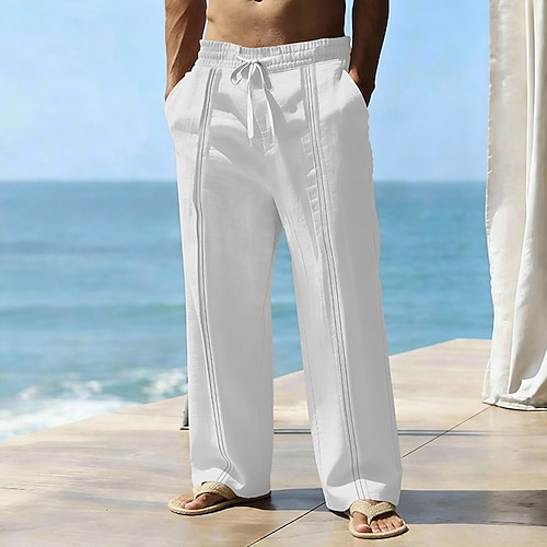 Herren Leinenhosen Hose Sommerhose Baggy-Hosen Strandhose Kordelzug Elastischer Bund Gerader Schnitt Einfach Leicht Atmungsaktiv Volle Länge Lässig Täglich Outdoor Mode Klassicher Stil Schwarz Weiß Image