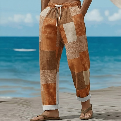 Herren Geometrisch Farbblock Patchwork Hose Baggy-Hosen Freizeithose Mittlere Taille Mode Heim Outdoor Urlaub Elastischer Kordelzug in der Taille Leinenähnliche Hose mit Taschen Sommer Frühling Image