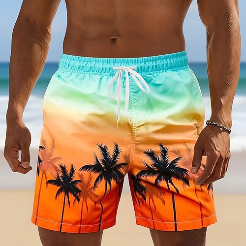 Herren Kokospalme Farbverlauf Tropische Pflanzen Badehosen Badeshorts Boardshorts Mittlere Taille Hawaiianisch Strandurlaub Seitentaschen Netzfutter Elastischer Kordelzug in der Taille Designer Image