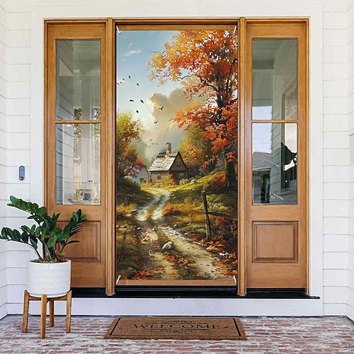 Banner mit nordischem Birkenwaldmotiv, Naturlandschaft, Wandbehang mit weißen Bäumen und goldenen Blättern, Kunst für Tür, Eingangsbereich, Schlafzimmer, Wohndekoration Image