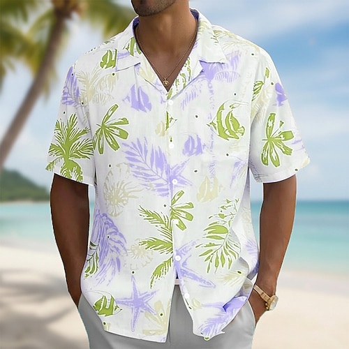 Herren Palmblatt Tropische Pflanzen Hemd Kuba-Kragen-Hemd Sommer Hawaiihemd Kurzarm Hawaiianisch Urlaub Ferien Strandbekleidung Sommer Frühling Hemd mit Camp-Kragen 3D-Druck Blau Grün Khaki Image