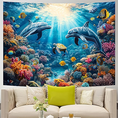 Wandteppich mit Meeresschildkrötenmotiv, Unterwasserwelt, Korallenriff, Meereslebewesen, Naturlandschaft – Wanddeko für Schlafzimmer, Badezimmer, Wohnzimmer Image