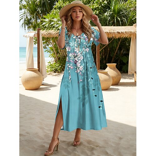 Damen Midikleid A Linie Kleid Urlaub Lässig Strand Ferien Date Normale Passform Blumen Grafik Kurzarm Rundhalsausschnitt Blau Gelb Purpur Dunkelblau Sommer Frühling Image