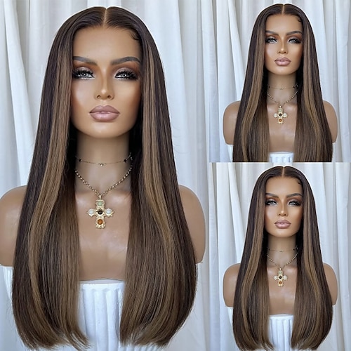 Echthaar 5x5 Verschluss 13x4 Spitzenfront Perücke Freier Scheitel Brasilianisches Haar Glatt Braun Perücke 150% 180% Haardichte mit Babyhaaren Hervorgehobenes / Balayage-Haar 100% Unbehandelt Image