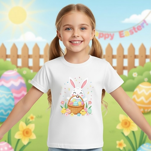 100% Baumwolle Ostern Kinder Mädchen Blau Schwarz Weiß Grafik Kaninchen T-Shirt Rundhalsausschnitt Kurzarm Täglich Outdoor Streetwear Aktiv Sport Designer Drucken Sommer Frühling Image