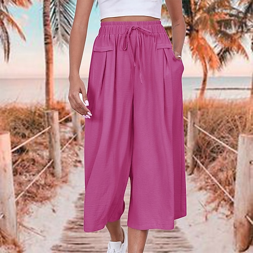 Damen Hose Sommerhose Strandhose Urlaub Mode Alltagstauglich Wadenlang Hohe Taille Einfarbig Einfach Kordelzug Tasche Weites Bein Komfort Schnelltrocknend Weich Unelastisch Streetwear Strand Ferien Image