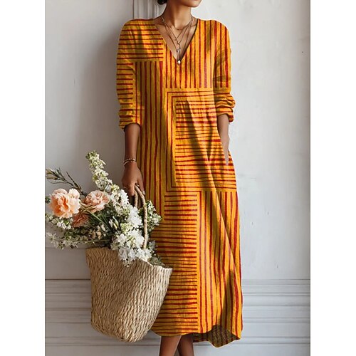 Damen Midi Kleid Leinenähnliches Sommerkleid A-Linien Kleid Urlaub Freizeit Boho Urlaub Lockerer Schnitt Grafisch Geometrisch Farbblock Lange Ärmel V-Ausschnitt Blau Orange Sommer Frühling Image