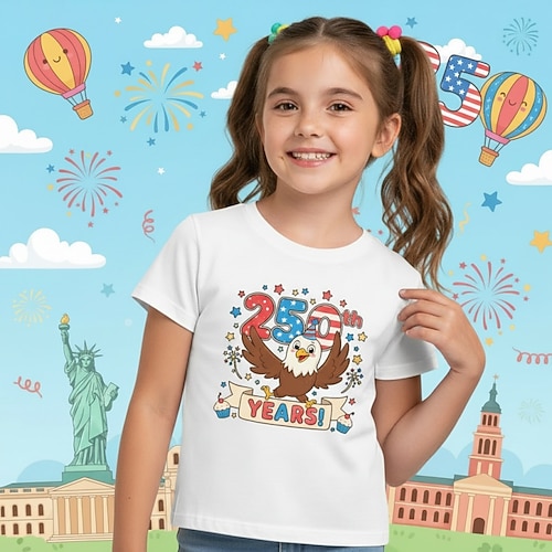 100% Baumwolle American 250 Kinder Mädchen Blau Schwarz Weiß Grafik Adler 250-jähriges Jubiläum T-Shirt Rundhalsausschnitt Kurzarm Urlaub Sport Outdoor Alltagskleidung Aktiv Mode Lässig Drucken Image