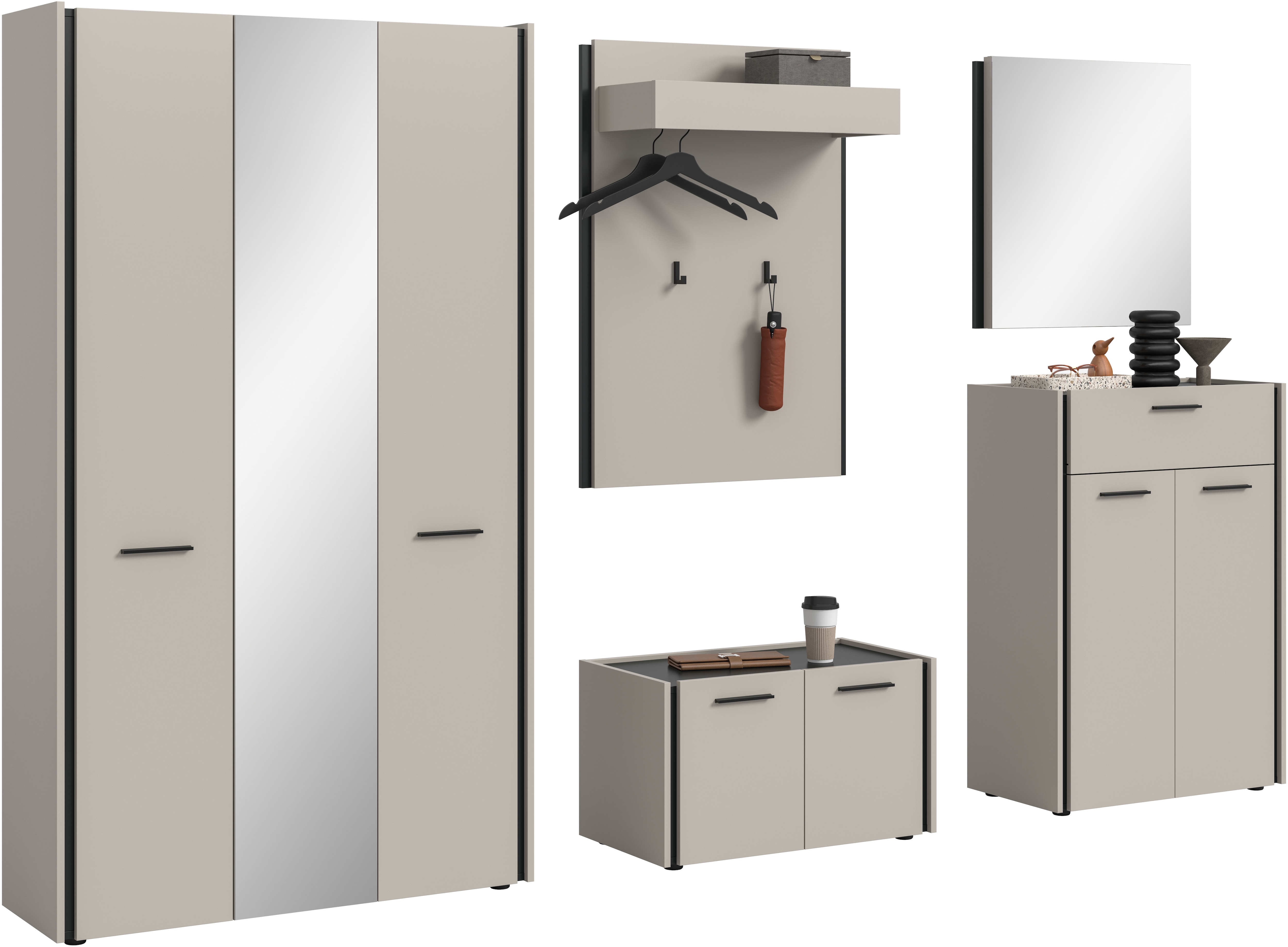 Garderoben-Set HOME AFFAIRE "RAK, 5-teilige Garderoben-Kombination, Breite ca. 287 cm", kaschmir, schwarz, B:287cm H:190cm T:40cm, Holzwerkstoff, Kastenmöbel-Sets, Garderobenkombination, Kombination, Set, Flurgarderobe, Diele