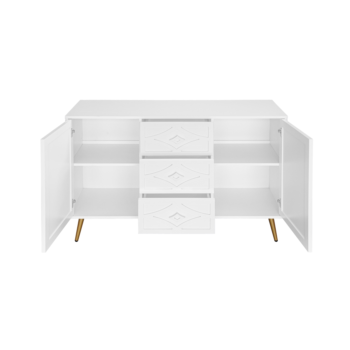 OKWISH Sideboard Kommode 120x40x80 cm Weiß mit 3 Schubladen 2 Türen Rautenmuster und goldfarbenen Füßen, moderner Stauraum Image