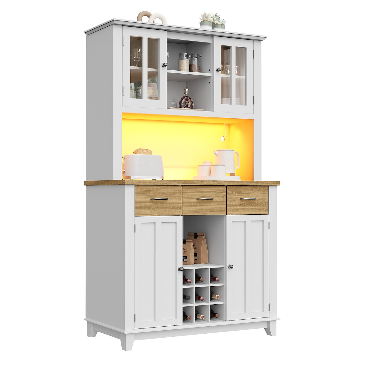 OKWISH Küchenschrank Hochschrank mit LED-Beleuchtung Natur+Weiß 180x106x30 cm mit 6 Fächern, 9er Weinregal, verstellbaren Ablagen, Kippschutz Image