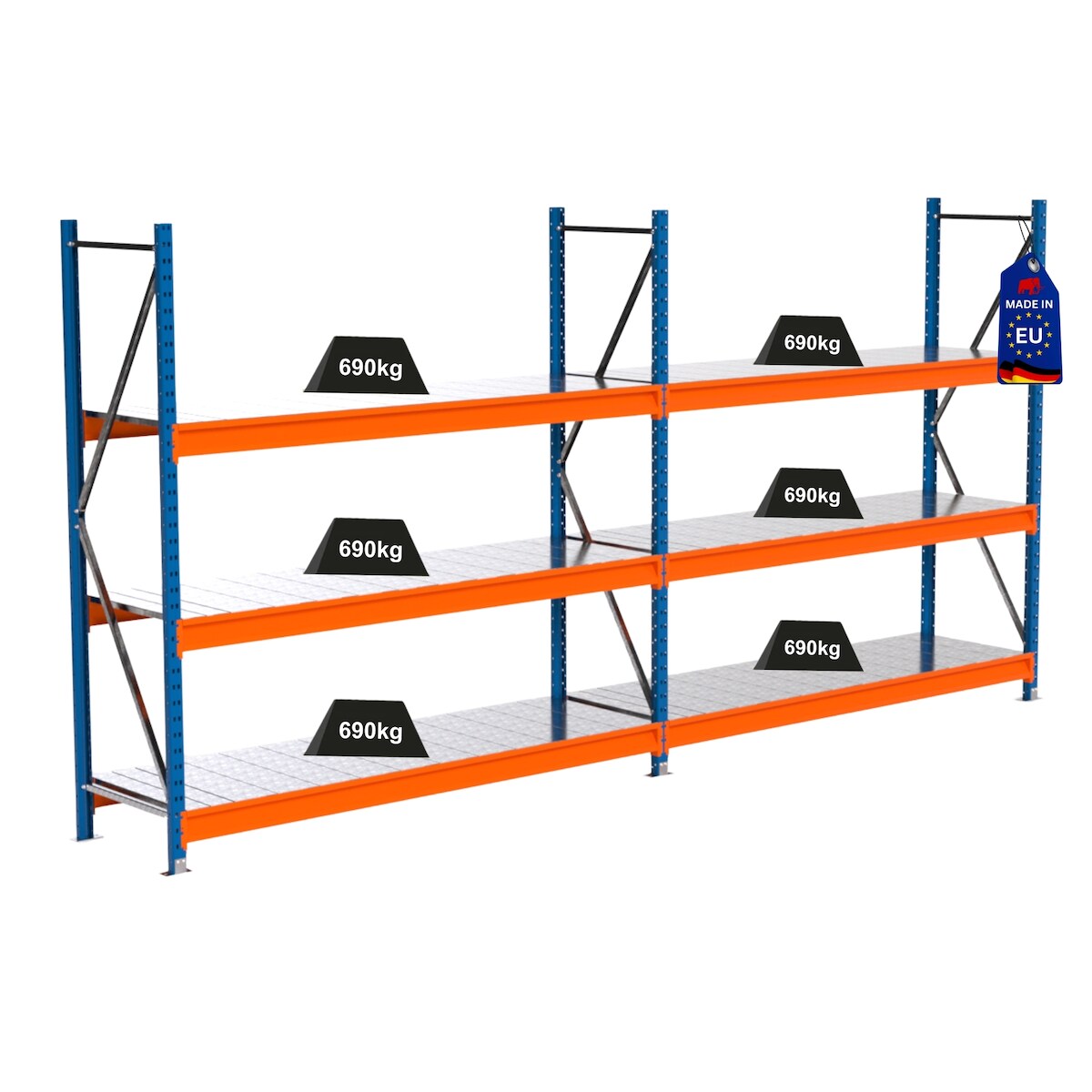 PROREGAL Industrie Schwerlastregal MAXIMUS PRO, Komplettregal, HxBxT 200x400x60cm, 3 Ebenen, Stahlplatten-Fachboden, Fachlast 690 kg, Blau/Orange Image