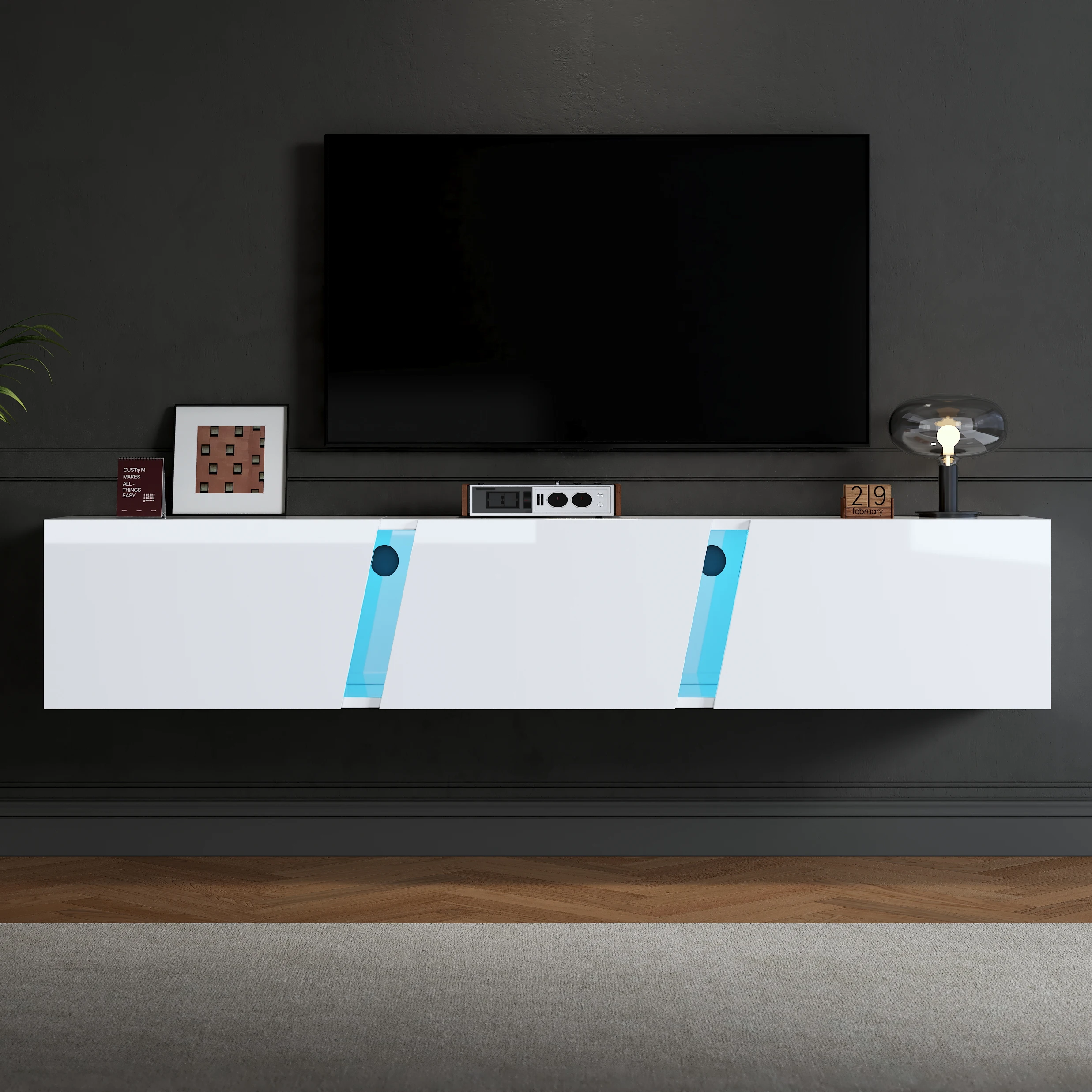 Meuble TV avec 3 portes, meuble TV bas avec éclairage LED et USB, meuble TV mural, blanc