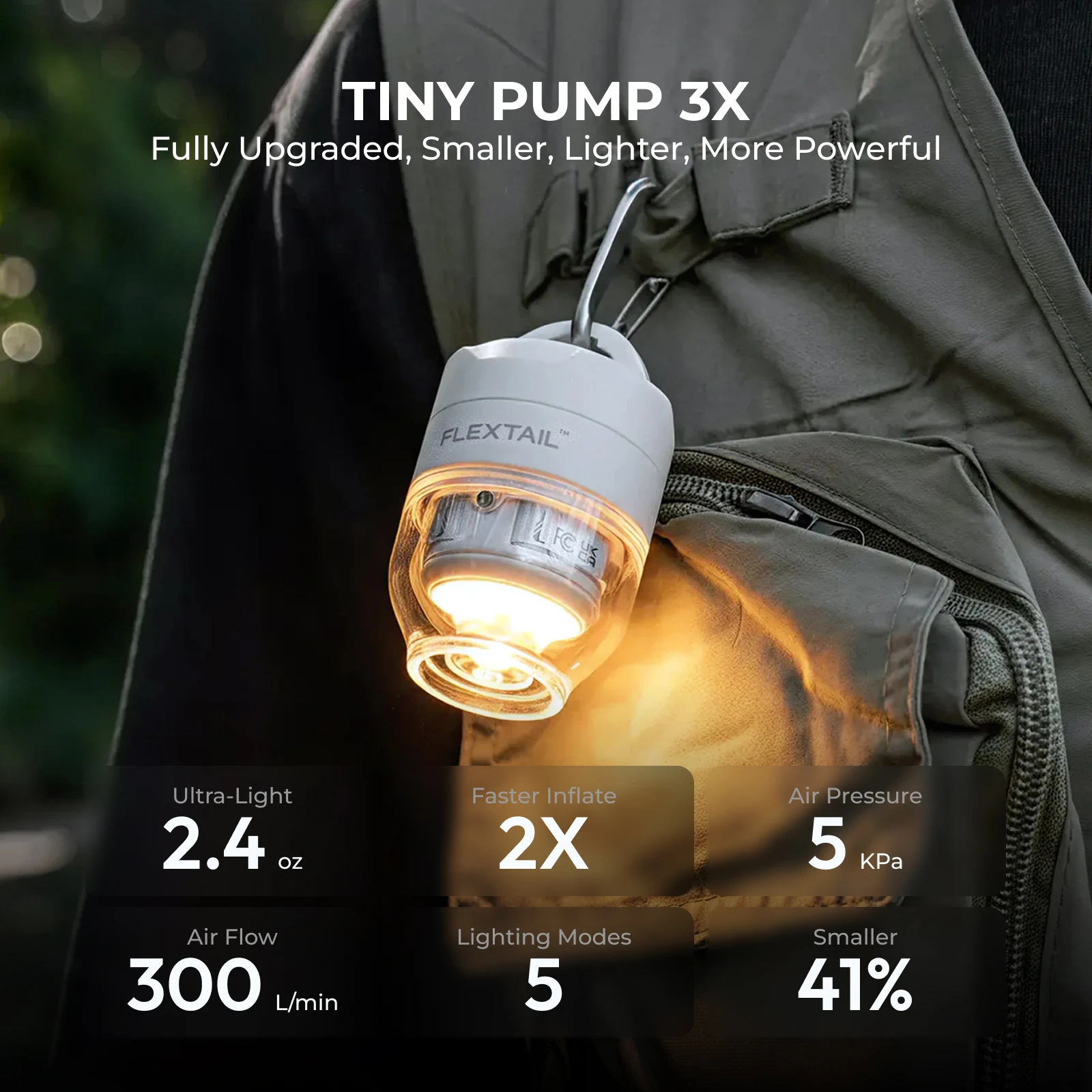 FLEXTAIL TINY PUMP 3X - 5kPa Ultraleichte Tragbare Luftpumpe, 5-Modus Campinglampe, Vielseitig Einsetzbar für Camping, Reisen & Wassersport