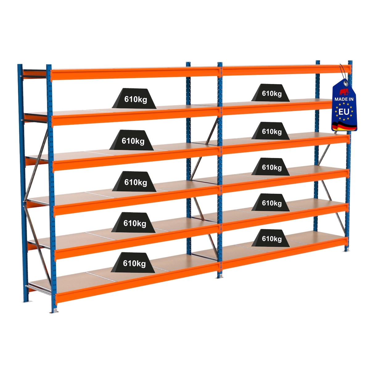 PROREGAL Industrie Schwerlastregal MAXIMUS PRO, Komplettregal, HxBxT 250x450x60cm, 6 Ebenen, Spanplatten-Fachboden, Fachlast 610 kg, Blau/Orange Image