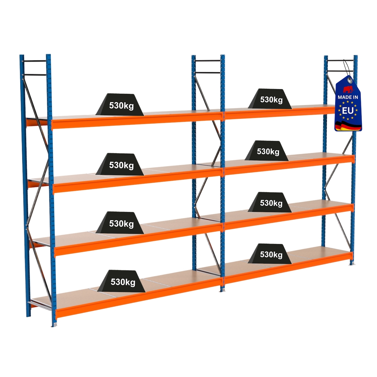 PROREGAL Industrie Schwerlastregal MAXIMUS PRO, Komplettregal, HxBxT 300x500x60cm, 4 Ebenen, Spanplatten-Fachboden, Fachlast 530 kg, Blau/Orange Image
