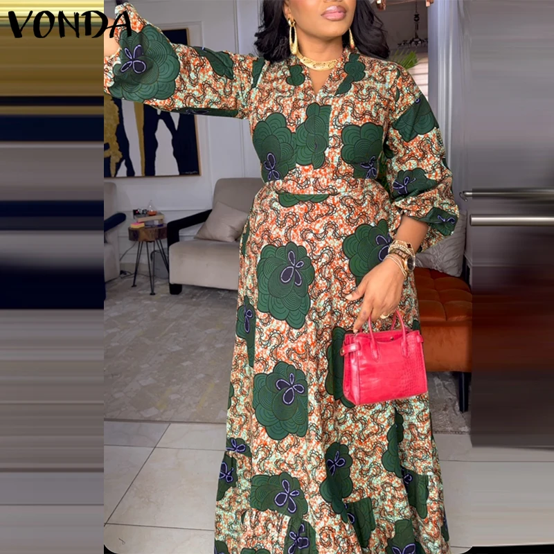 Plus Size 5XL VONDA Bohemian Damen Maxikleid Vintage Print Party Sommerkleid Langarm Casual Loose V-Neck Oversized Vestidos Image